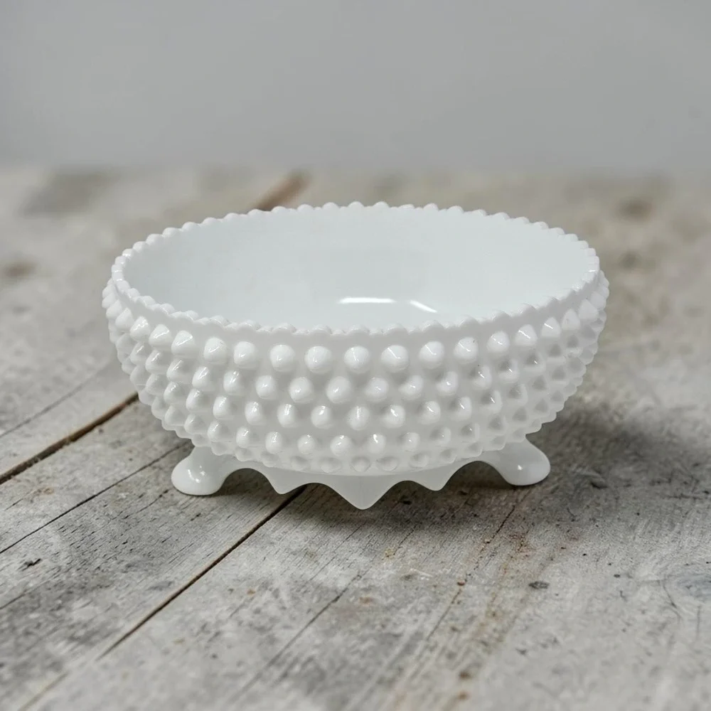 Vintage Fenton Hobnail Milk Glass 3-Toed Footed Bowl 8.5